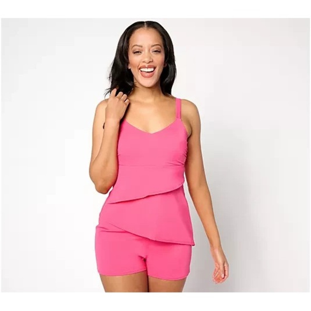 Denim & Co. Beach Asymmetrical Tankini with Swim Shorts Pink Flash,Plus 20